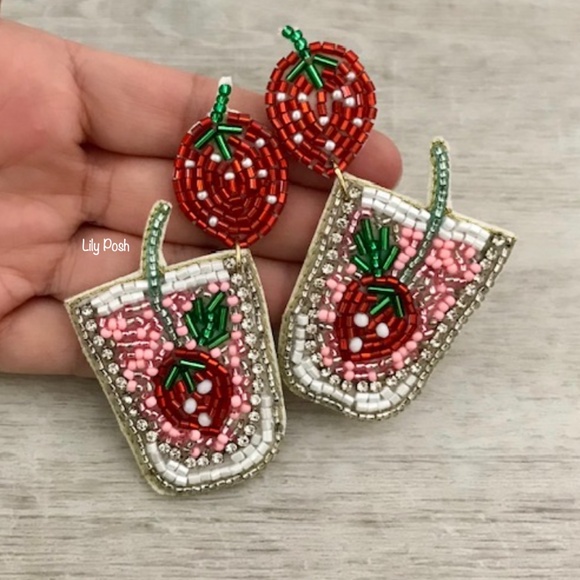 Beaded Strawberry Earring, Seed Bead Fruit Cocktail Smoothie Earring, Lily Posh - Picture 2 of 2